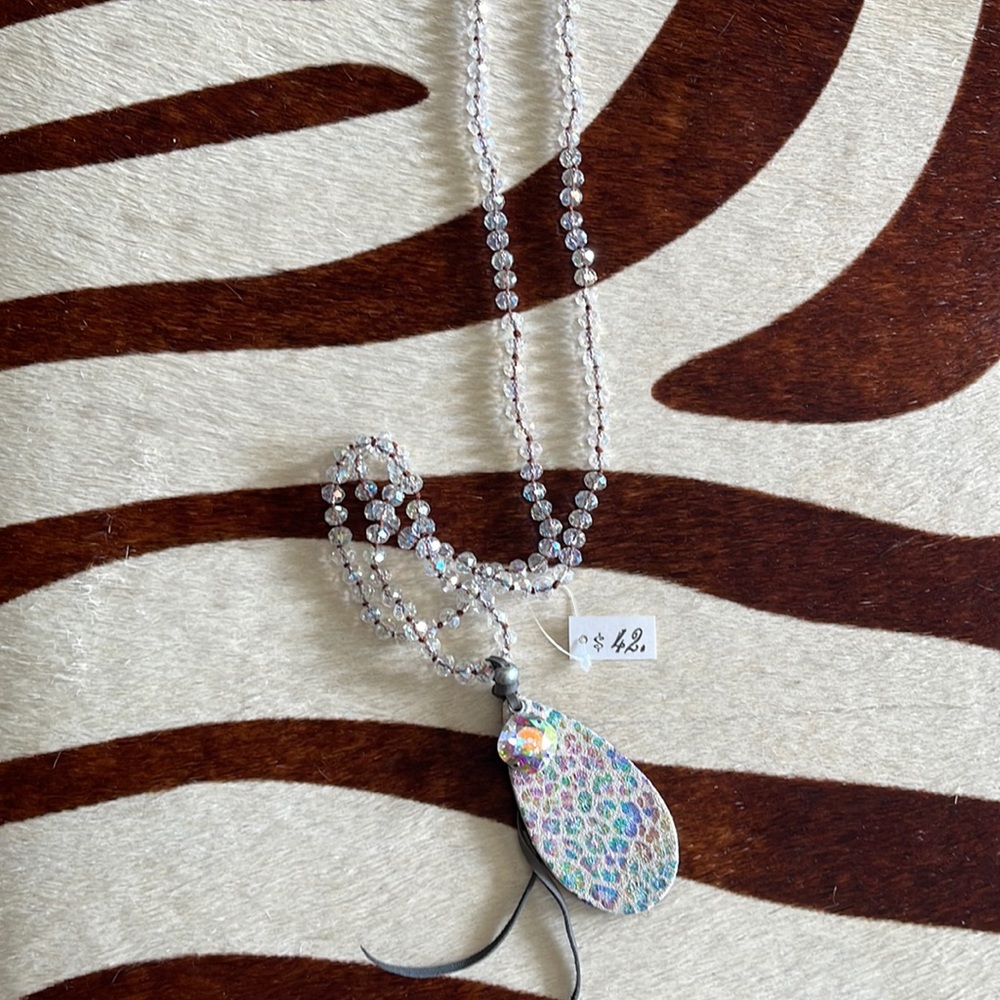 Long Beaded necklace with leather/leopard/crystal